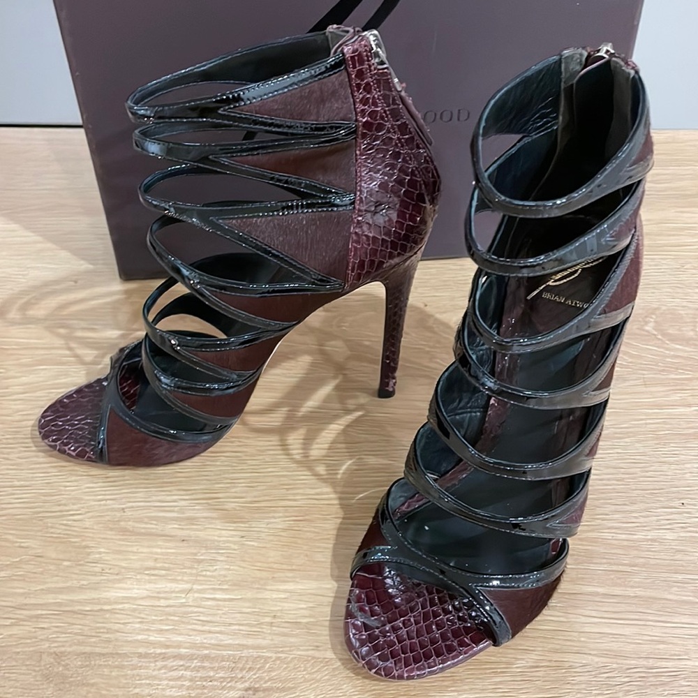 Brian Atwood calf hair snake skin heels 6.5
